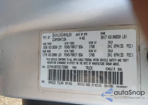 2002 Dodge Ram 1500 St z USA, uszkodzony, nr VIN 3D7HA18N72G172889